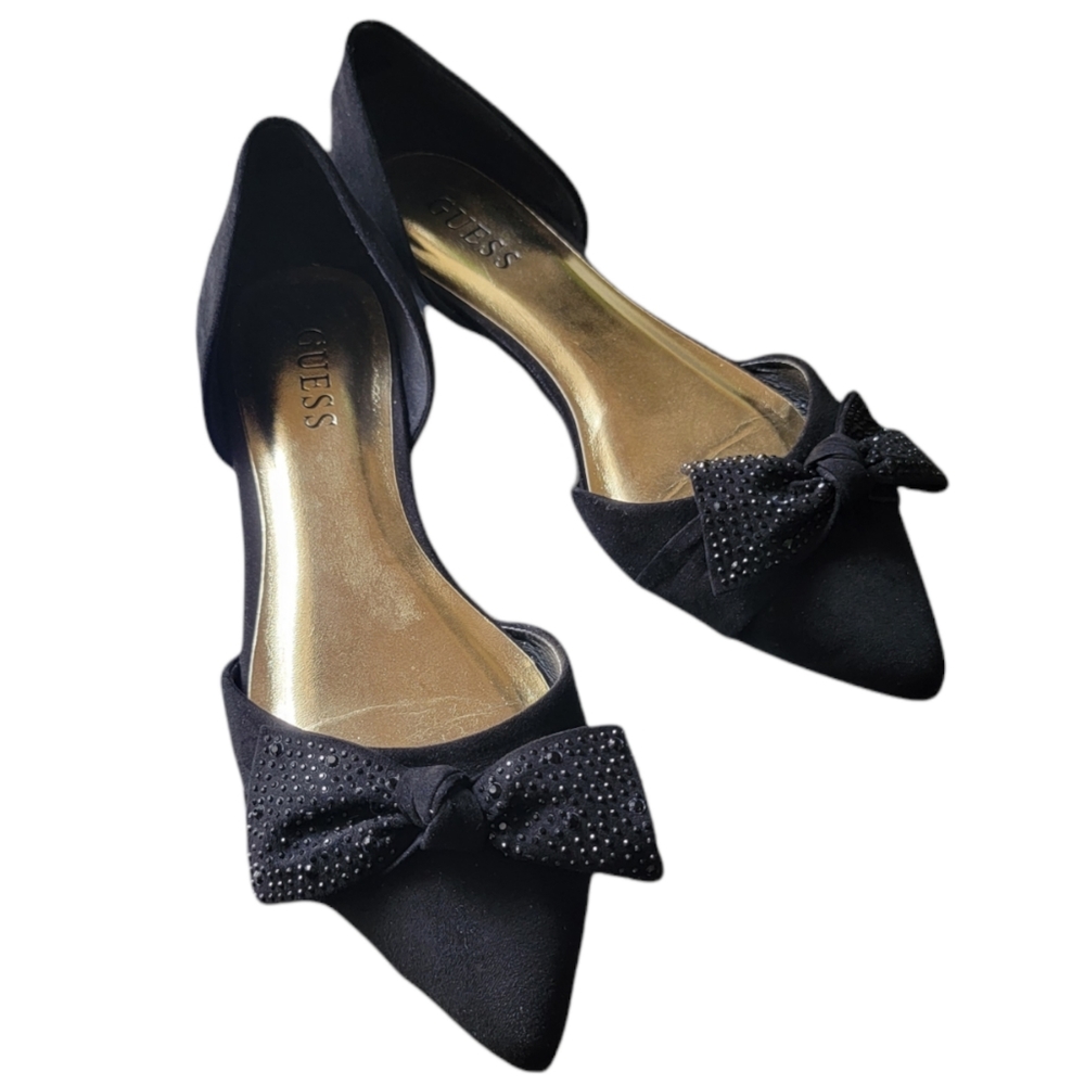 Women's Guess Black Rhinestone Bow Pointed Toe Flats Size 9